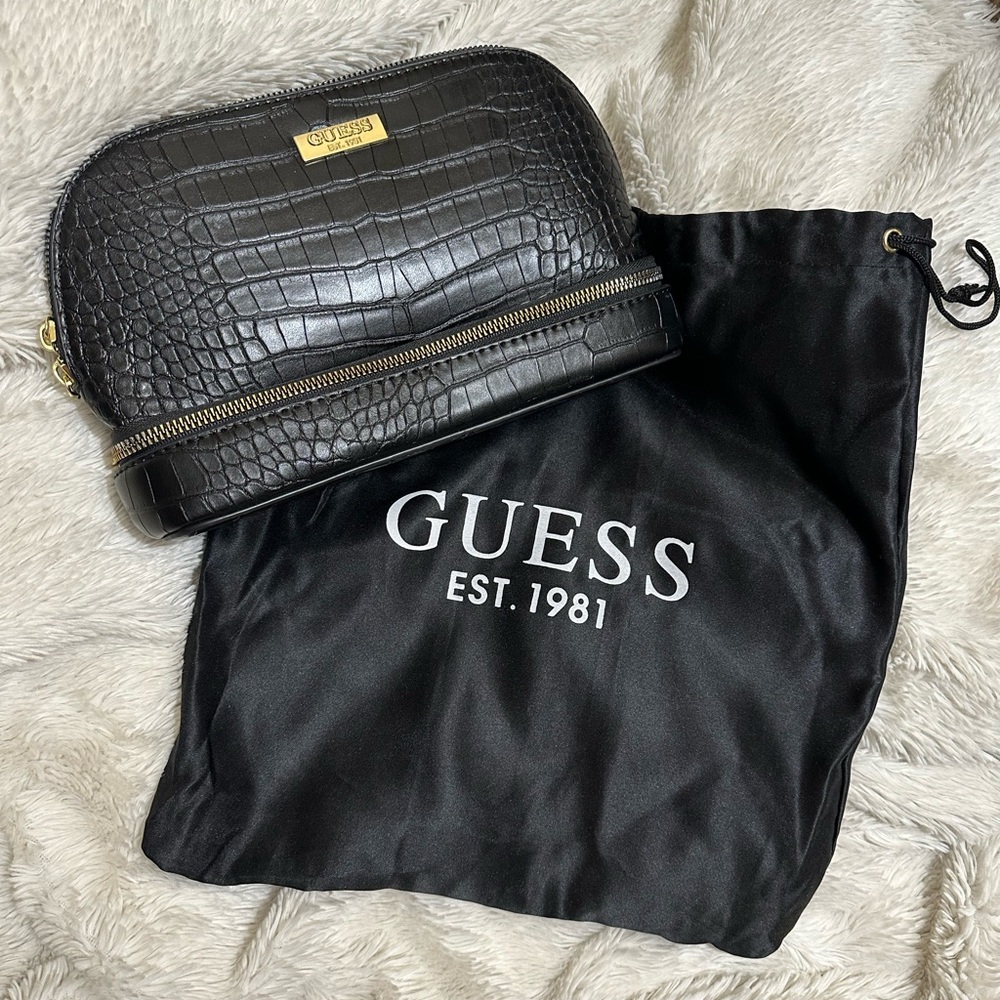GUESS Black Croc-Embossed Bag with Gold Accents